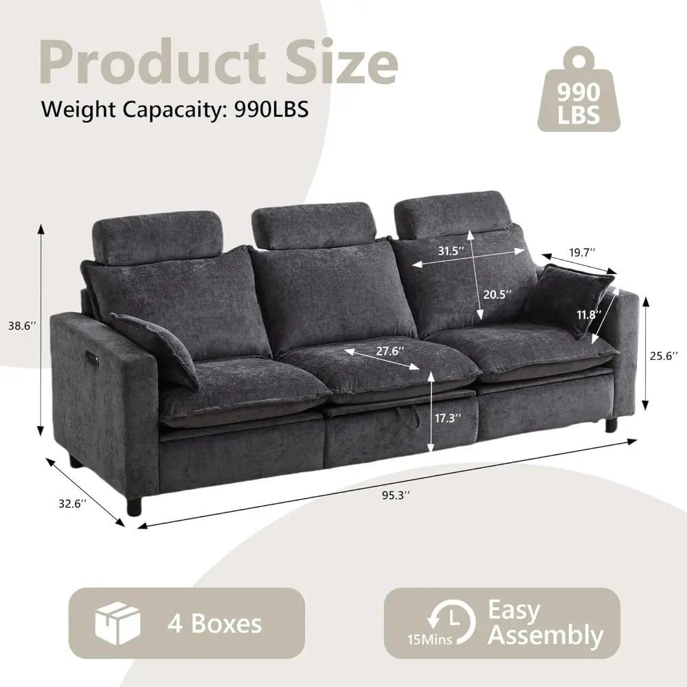 Power Reclining Sectional Sofa – Oversized Grey Cloud Couch, Modern Chenille Recliner for Living Room, Comfortable Lounge Sofa w