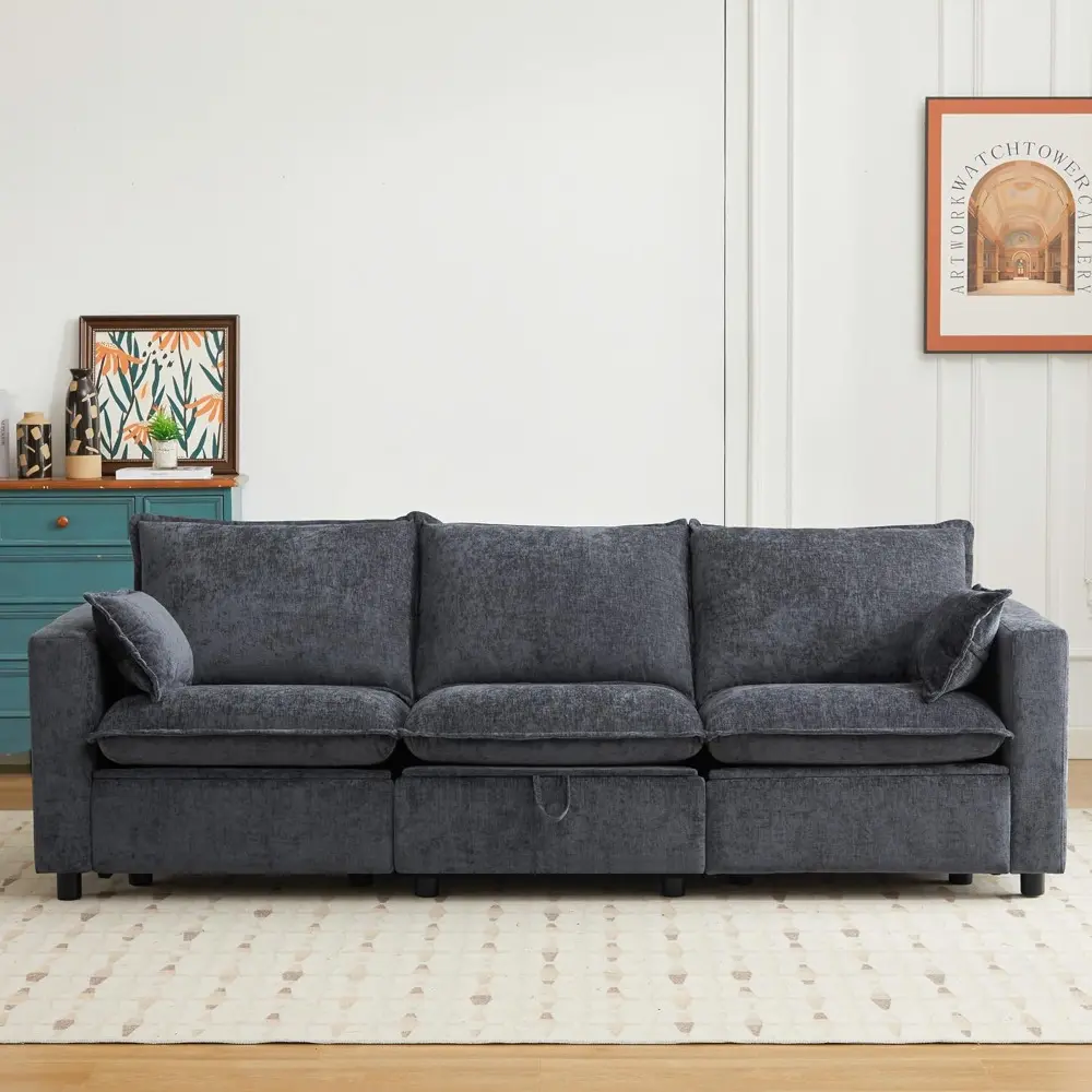 Power Reclining Sectional Sofa – Oversized Grey Cloud Couch, Modern Chenille Recliner for Living Room, Comfortable Lounge Sofa w