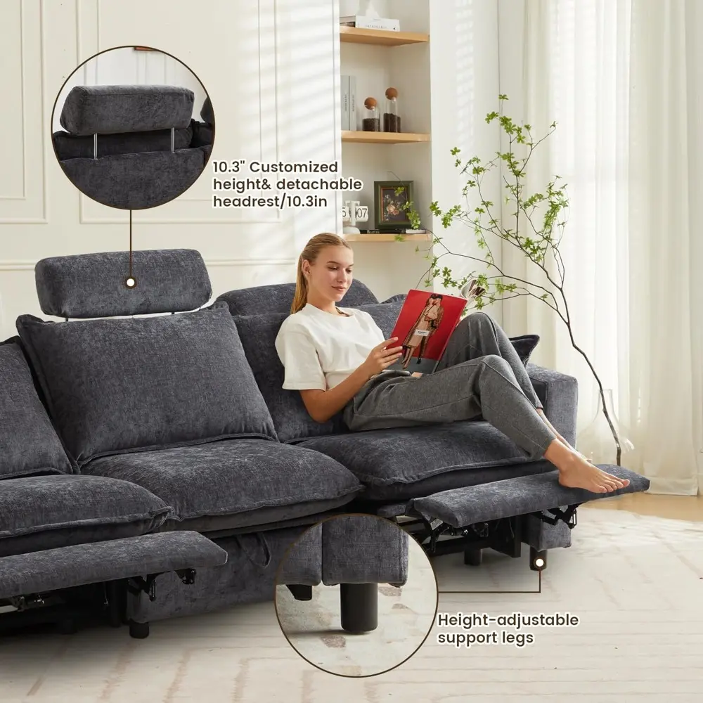 Power Reclining Sectional Sofa – Oversized Grey Cloud Couch, Modern Chenille Recliner for Living Room, Comfortable Lounge Sofa w
