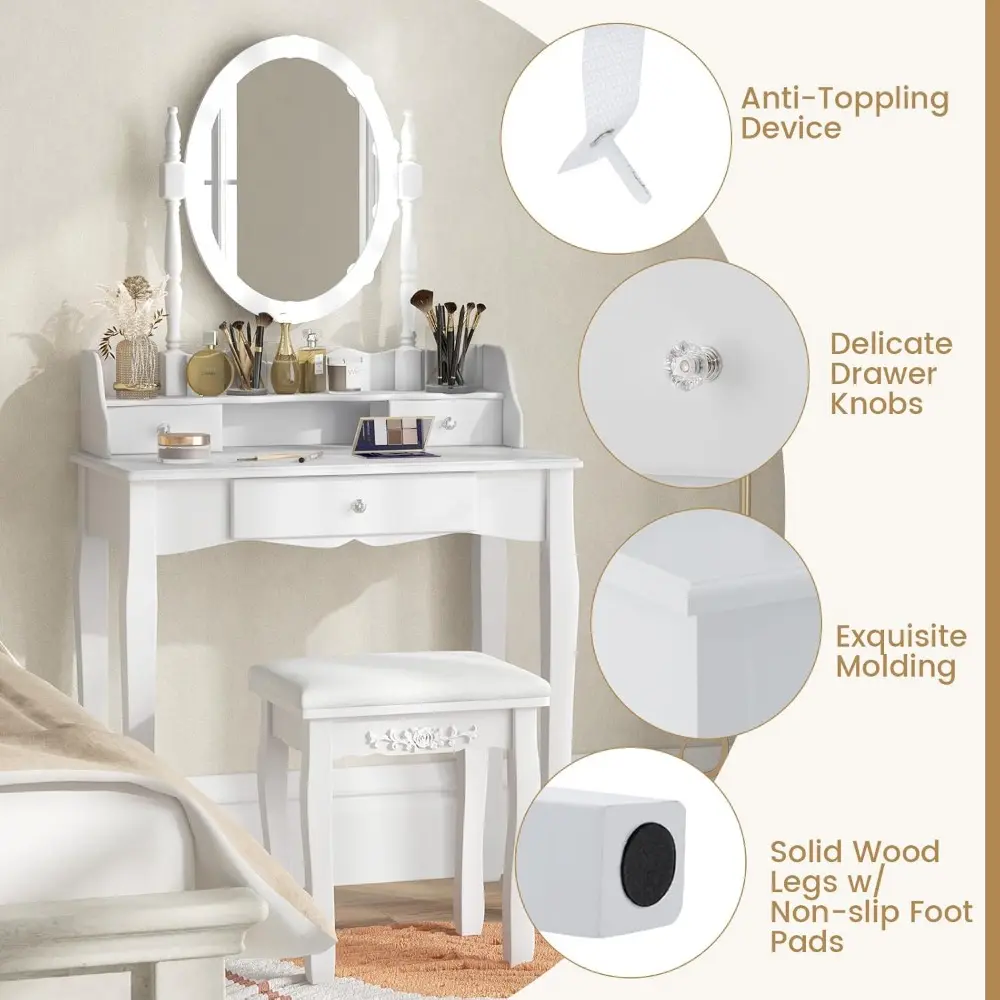 Byroce Vanity Desk with Mirror and Lights, Dressing Makeup Table Set with 360° Rotating Lighted Mirror, 10 Dimmable LED Bulbs &