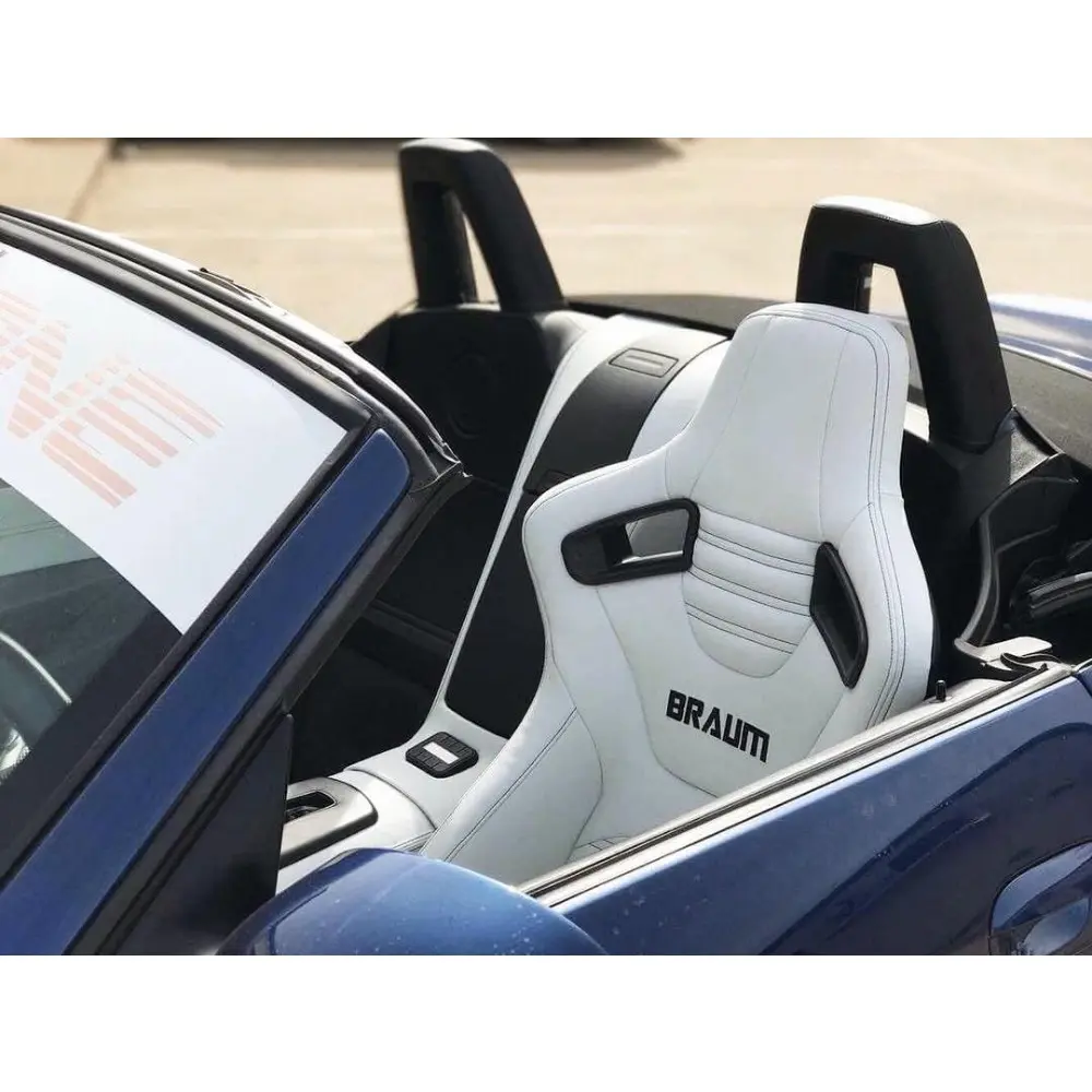 BRAUM Elite-X Series Racing Seats – White Leatherette with Black Stitching – Reclining Seat Set with Carbon Fiber Backing – Set