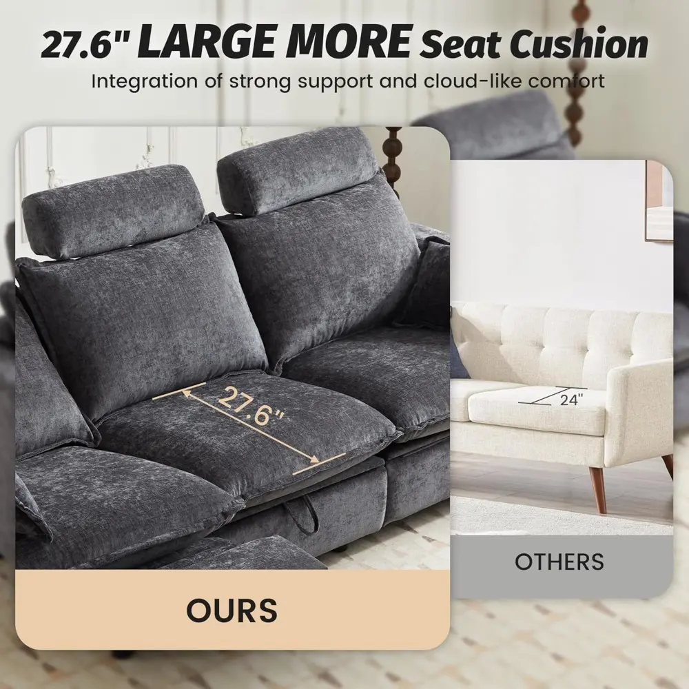 Power Reclining Sectional Sofa – Oversized Grey Cloud Couch, Modern Chenille Recliner for Living Room, Comfortable Lounge Sofa w