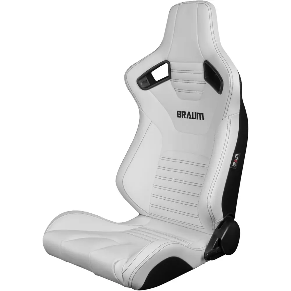 BRAUM Elite-X Series Racing Seats – White Leatherette with Black Stitching – Reclining Seat Set with Carbon Fiber Backing – Set