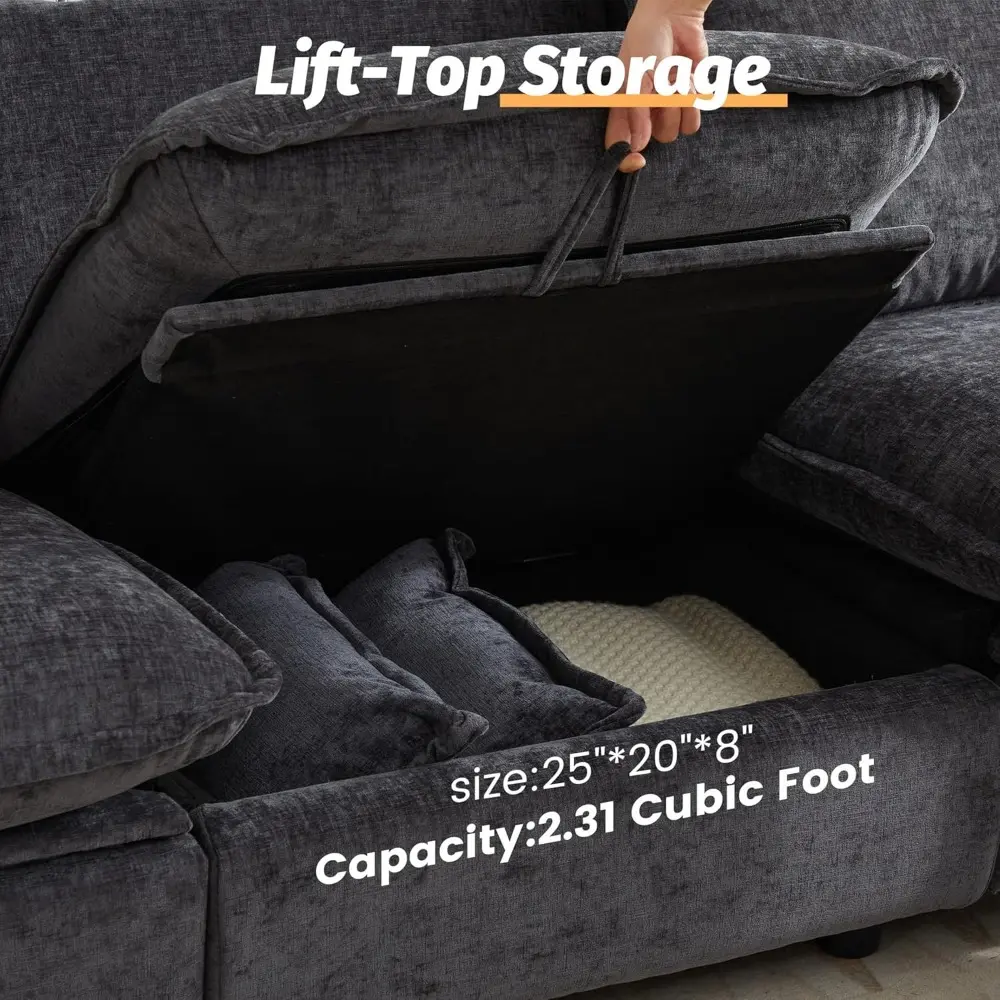Power Reclining Sectional Sofa – Oversized Grey Cloud Couch, Modern Chenille Recliner for Living Room, Comfortable Lounge Sofa w