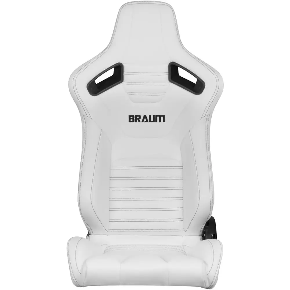 BRAUM Elite-X Series Racing Seats – White Leatherette with Black Stitching – Reclining Seat Set with Carbon Fiber Backing – Set