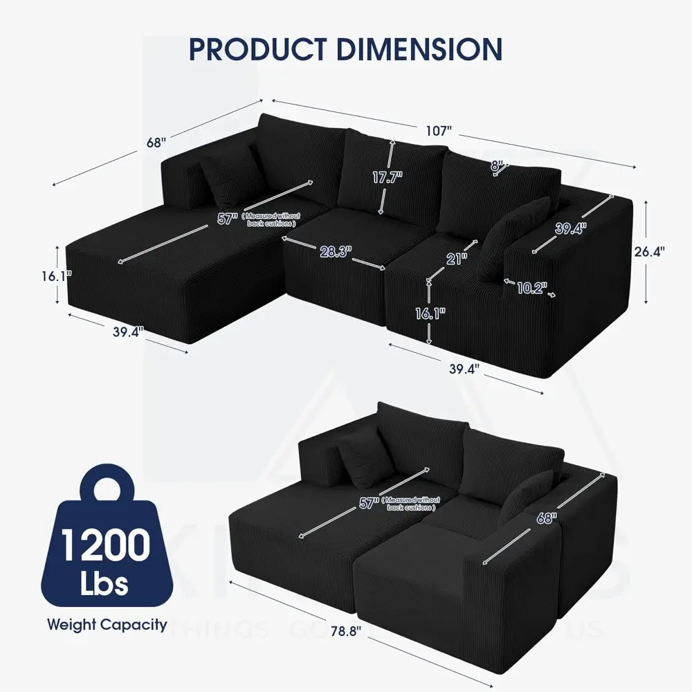 Modular Sectional Sofa, 107'' Cloud Couch for Living Room, L Shaped Modern Sectional Sofa with Chaise for Bedroom, Black