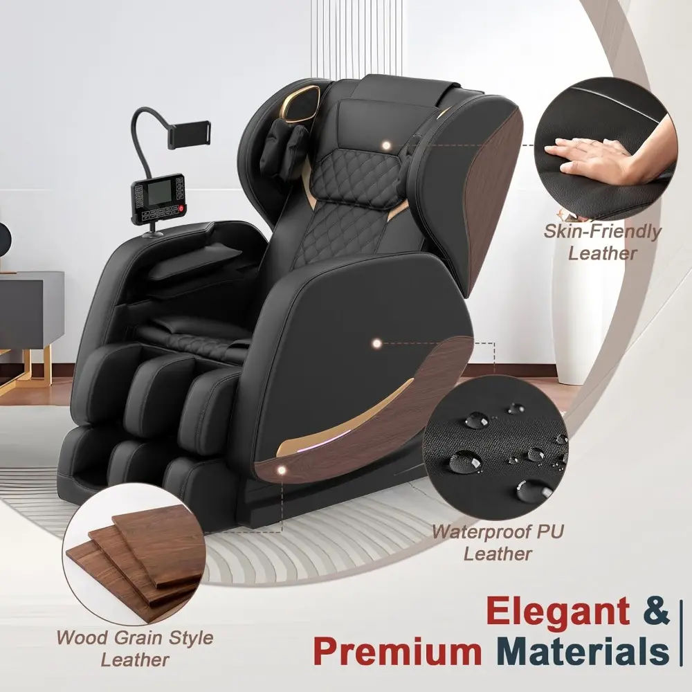 Full Body Massage Chair 2025, Recliner with 10 Fixed Points, Zero Gravity Feature, Wood Grain Leather, and Foot Massage