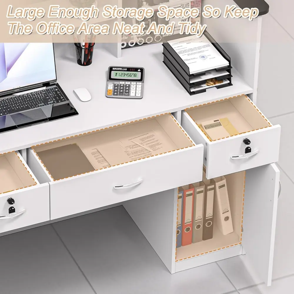 Reception Desk with Counter,Modern Front Table Equipped Lockers & Storage Shelves,50-inch Checkout Counter with LED Lights & DI