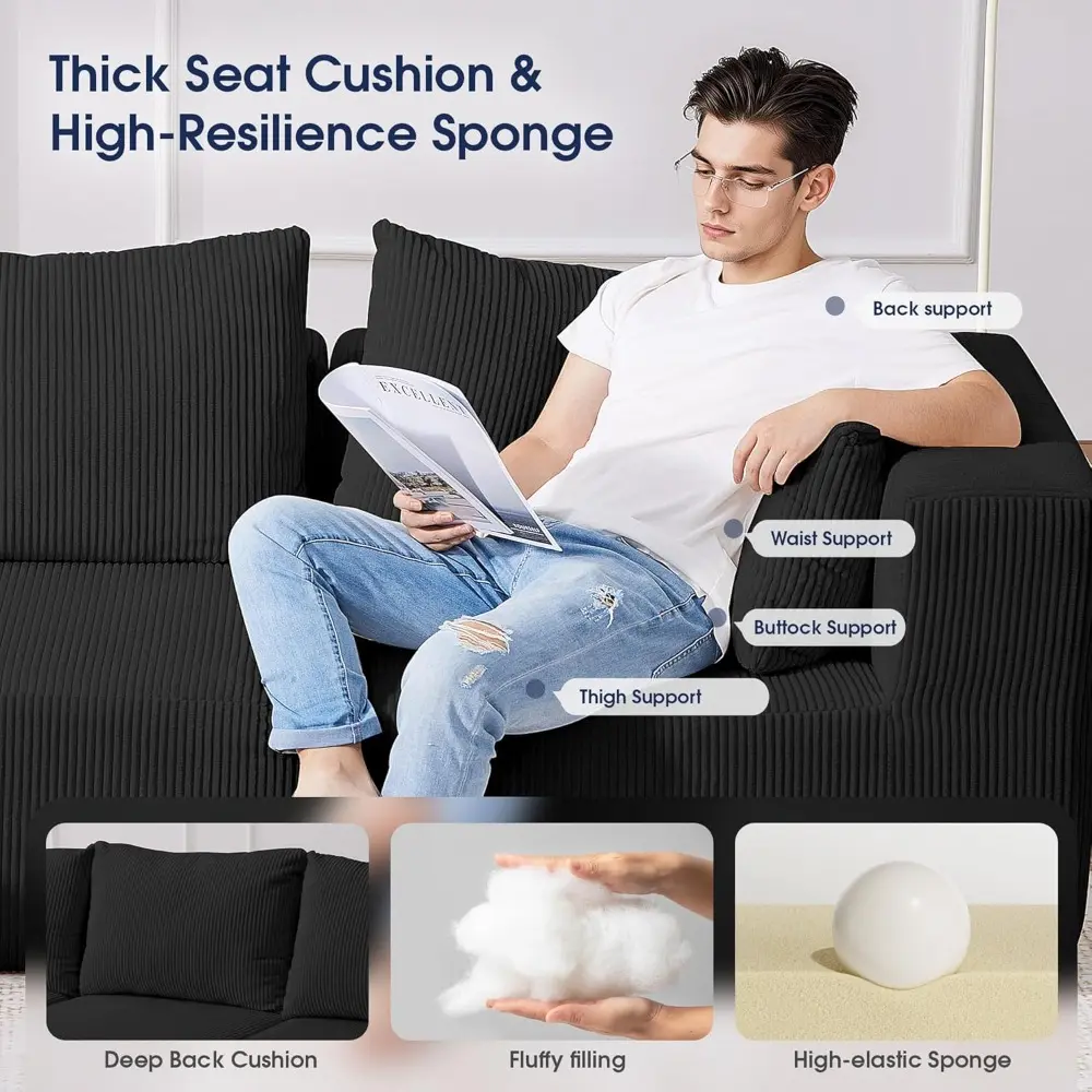 Modular Sectional Sofa, 107'' Cloud Couch for Living Room, L Shaped Modern Sectional Sofa with Chaise for Bedroom, Black