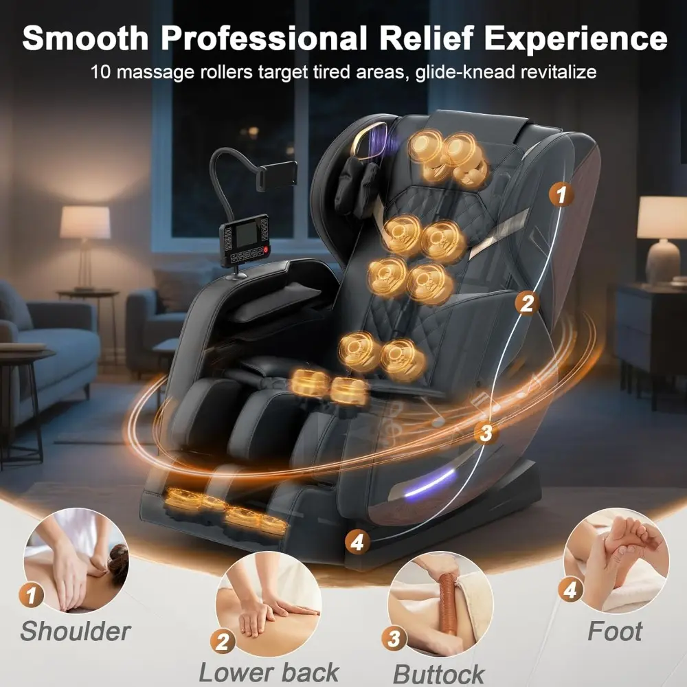 Full Body Massage Chair 2025, Recliner with 10 Fixed Points, Zero Gravity Feature, Wood Grain Leather, and Foot Massage