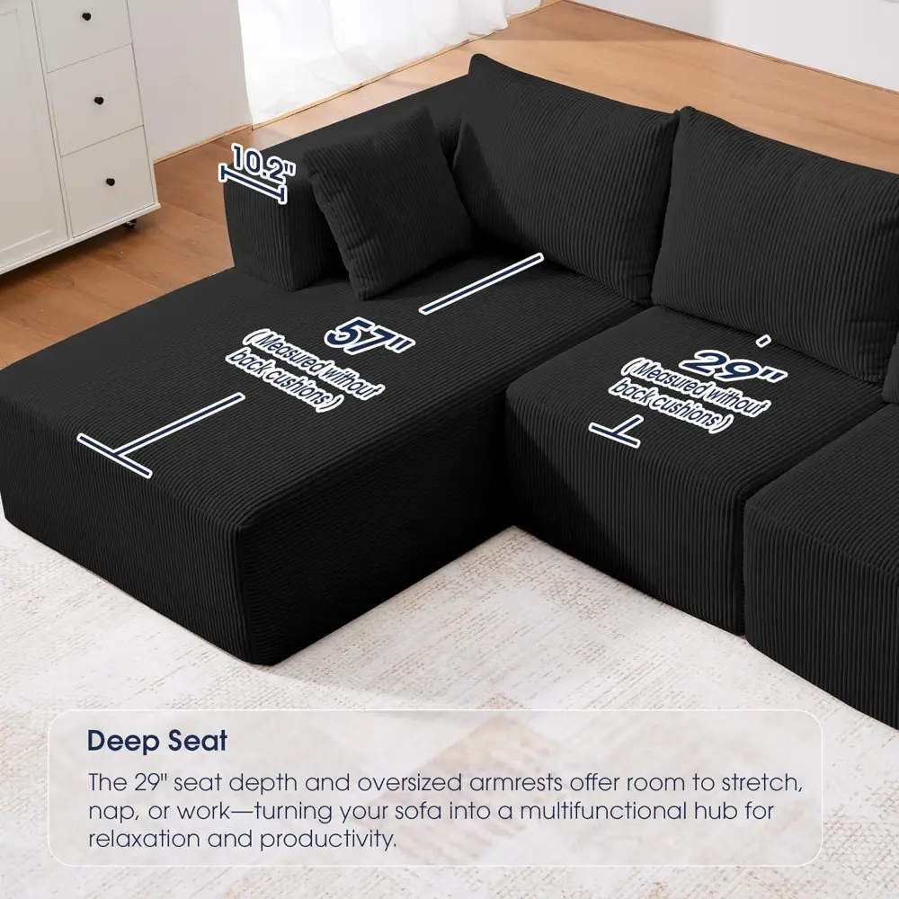 Modular Sectional Sofa, 107'' Cloud Couch for Living Room, L Shaped Modern Sectional Sofa with Chaise for Bedroom, Black