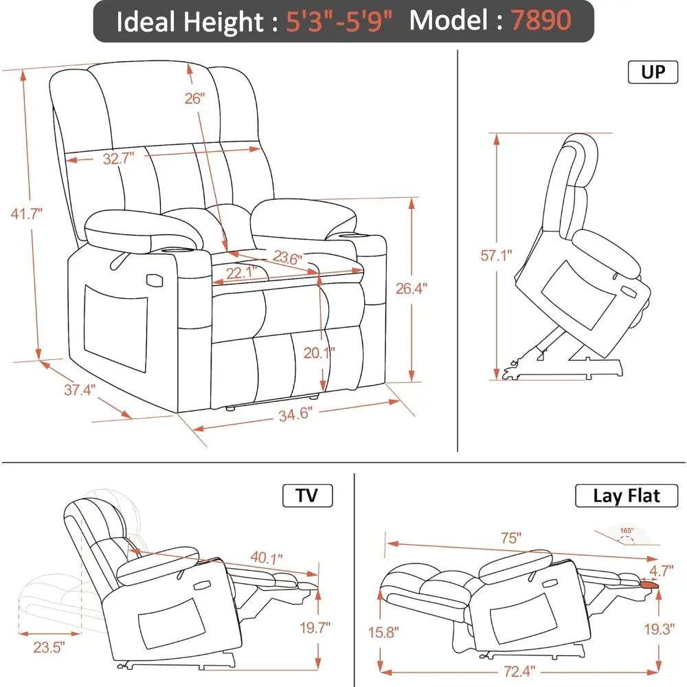Elderly Comfort Dual Motor Recliner with Massage, Heat, Infinite Positioning, USB Ports, and Cup Holders