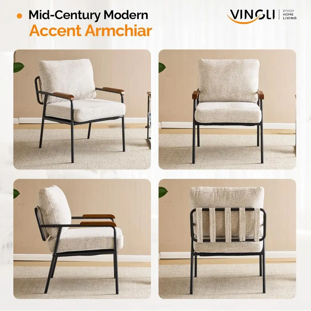 Accent Chairs Set of 2，Mid-Century Modern Armchiars Small Space, Comfy Upholstered Leisure Chairs with Wood Arms for Bedroom,Li