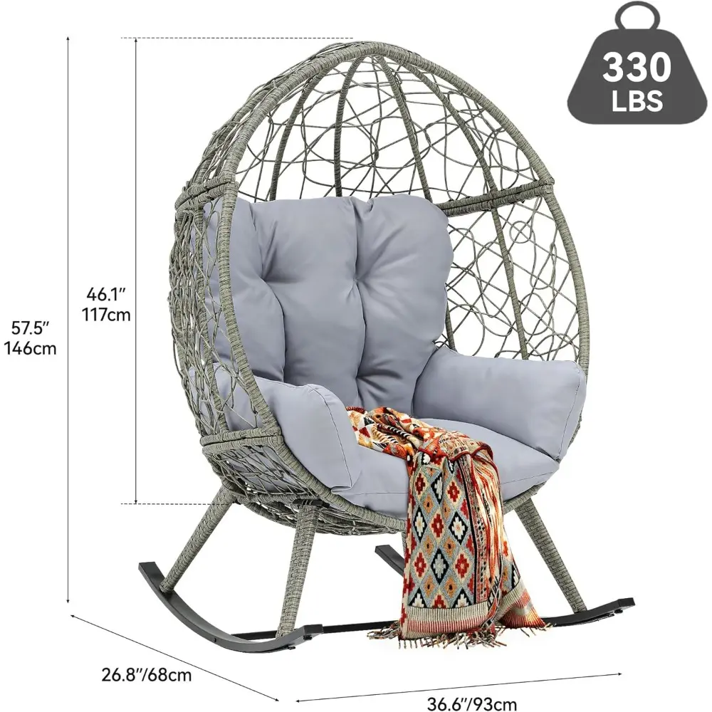 Outdoor Rocking Egg Chair with Cushioned Comfort, Wicker Patio Rocker 250lb Capacity, Anti-Slip, All-Weather Resilient Rattan D