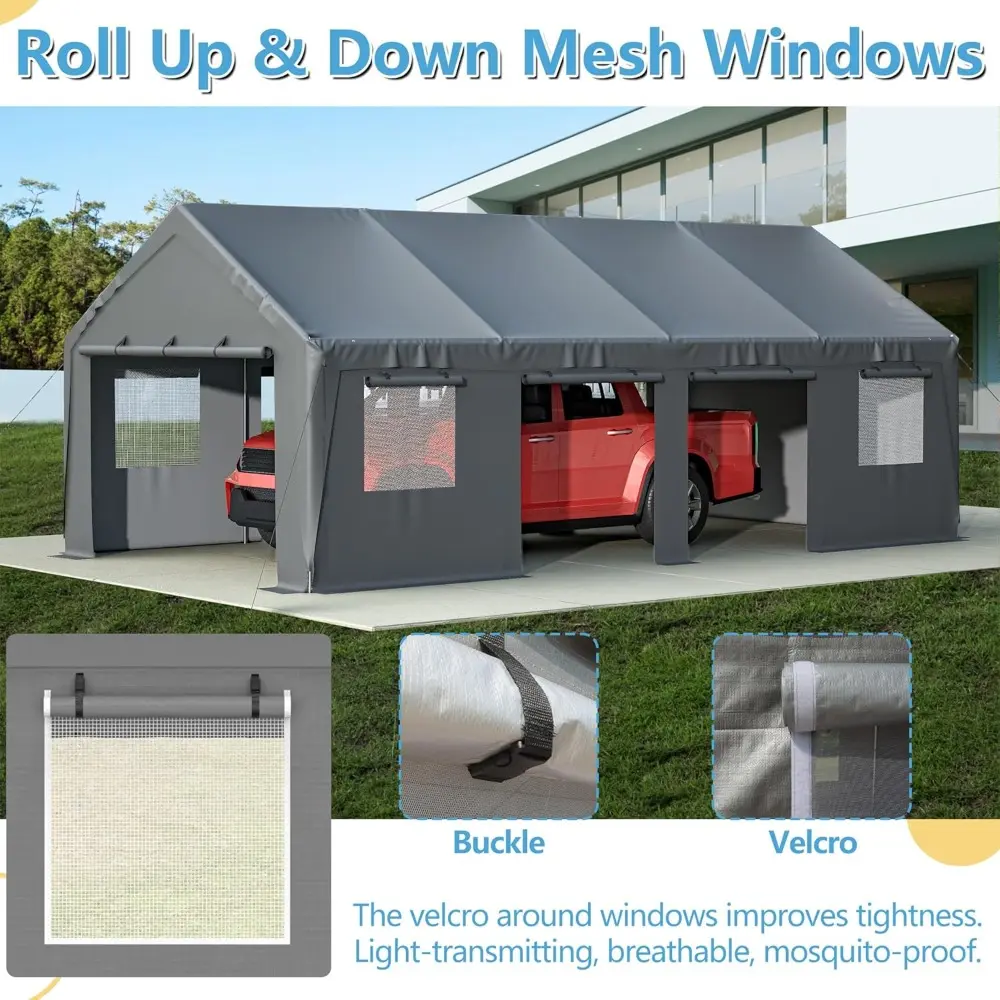 Carport 13'x25'x10' Heavy Duty with Roll-up Sidewall and Ventilated Windows, Portable Outdoor Garage for Car, SUV, Boat, Gray