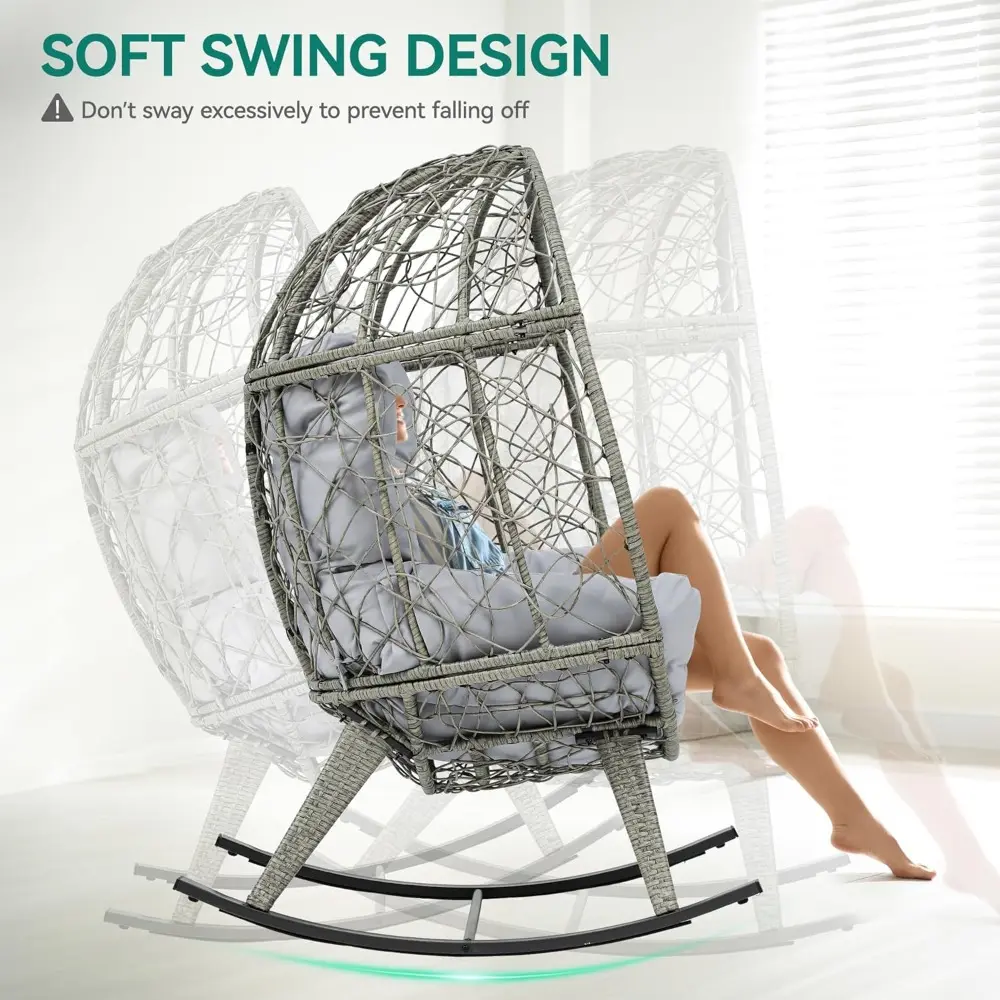 Outdoor Rocking Egg Chair with Cushioned Comfort, Wicker Patio Rocker 250lb Capacity, Anti-Slip, All-Weather Resilient Rattan D