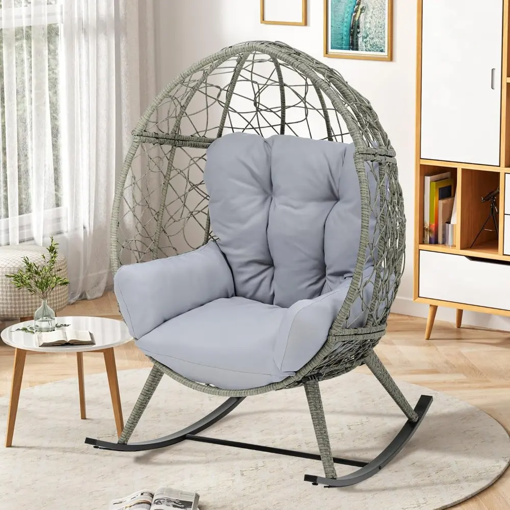 Outdoor Rocking Egg Chair with Cushioned Comfort, Wicker Patio Rocker 250lb Capacity, Anti-Slip, All-Weather Resilient Rattan D