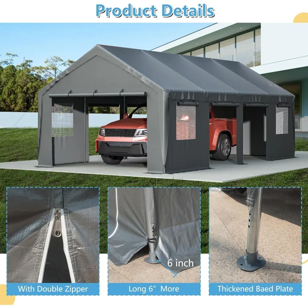 Carport 13'x25'x10' Heavy Duty with Roll-up Sidewall and Ventilated Windows, Portable Outdoor Garage for Car, SUV, Boat, Gray