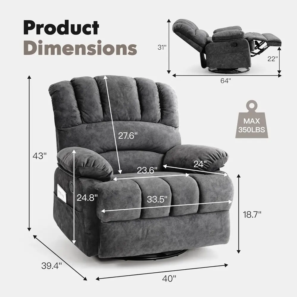 COOSLEEP Oversized Manual Swivel Rocker Recliner Chair, Extra Wide Glider Rocker Recliner for Big and Tall, Overstuffed Lazy Rec