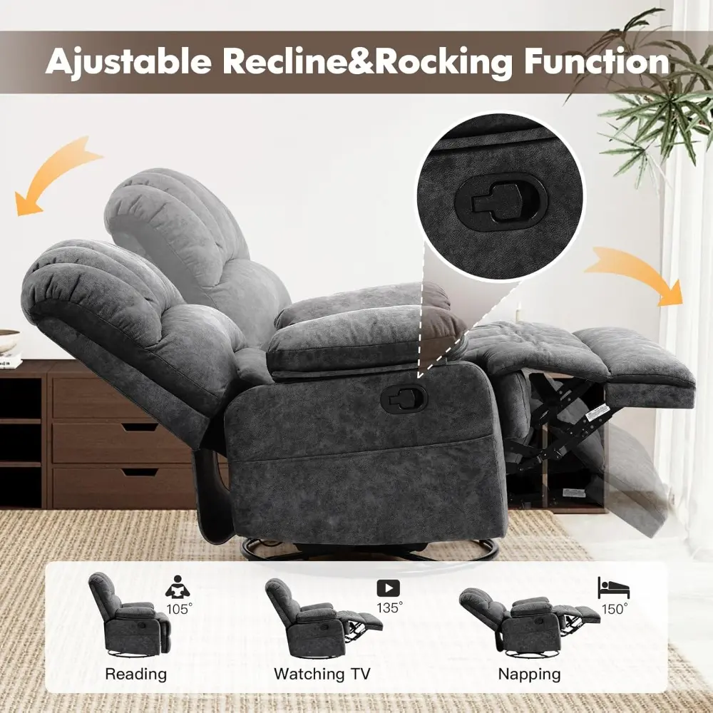 COOSLEEP Oversized Manual Swivel Rocker Recliner Chair, Extra Wide Glider Rocker Recliner for Big and Tall, Overstuffed Lazy Rec