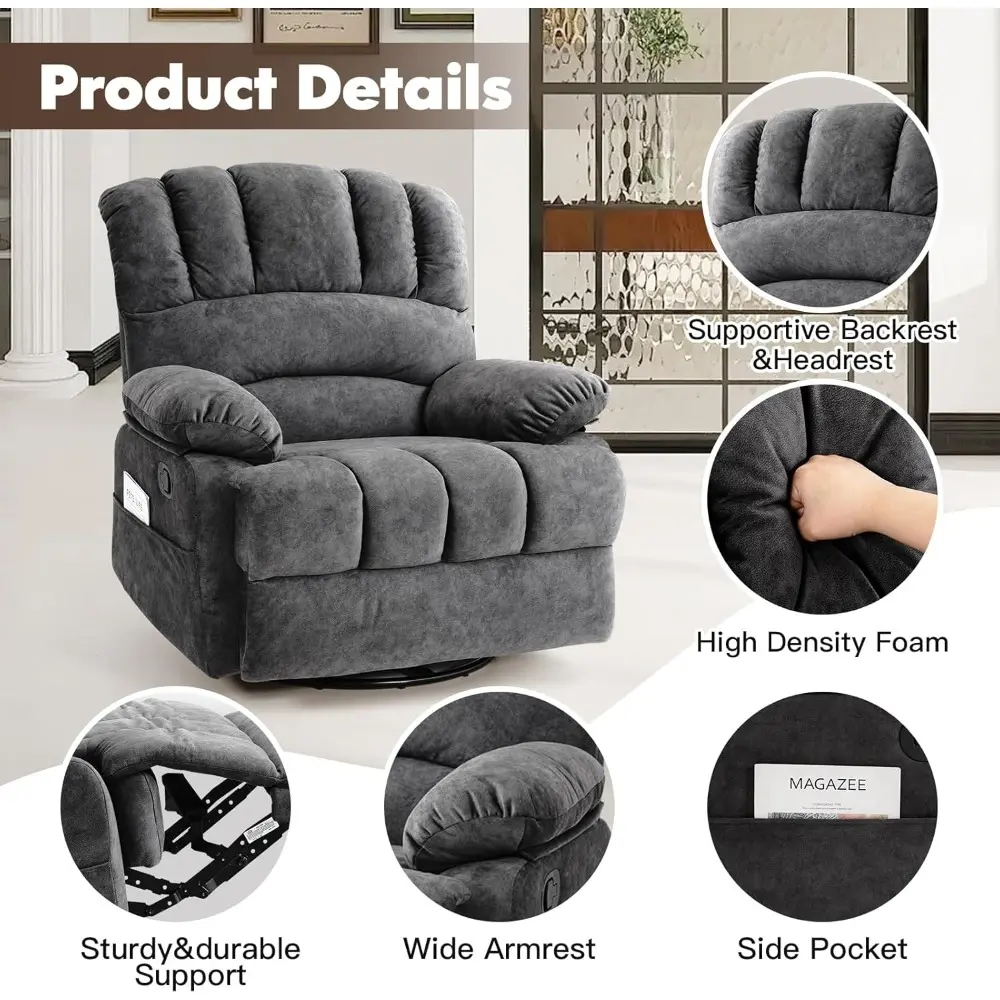 COOSLEEP Oversized Manual Swivel Rocker Recliner Chair, Extra Wide Glider Rocker Recliner for Big and Tall, Overstuffed Lazy Rec