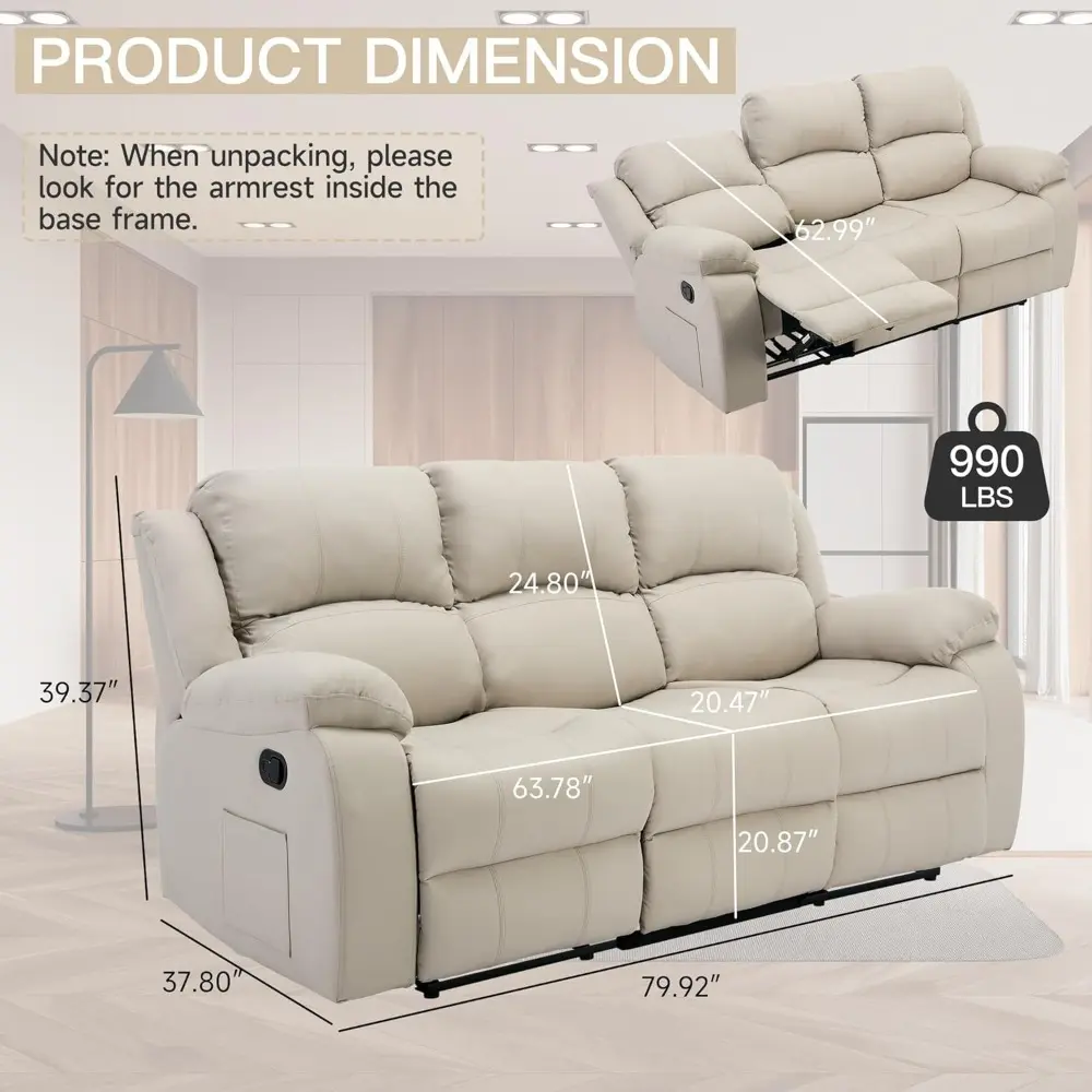 Reclining Loveseat Sofa Leather Recliner Sofa 3 Seater Couch for Living Room, Home Theater Seating(3 Seat,Beige)