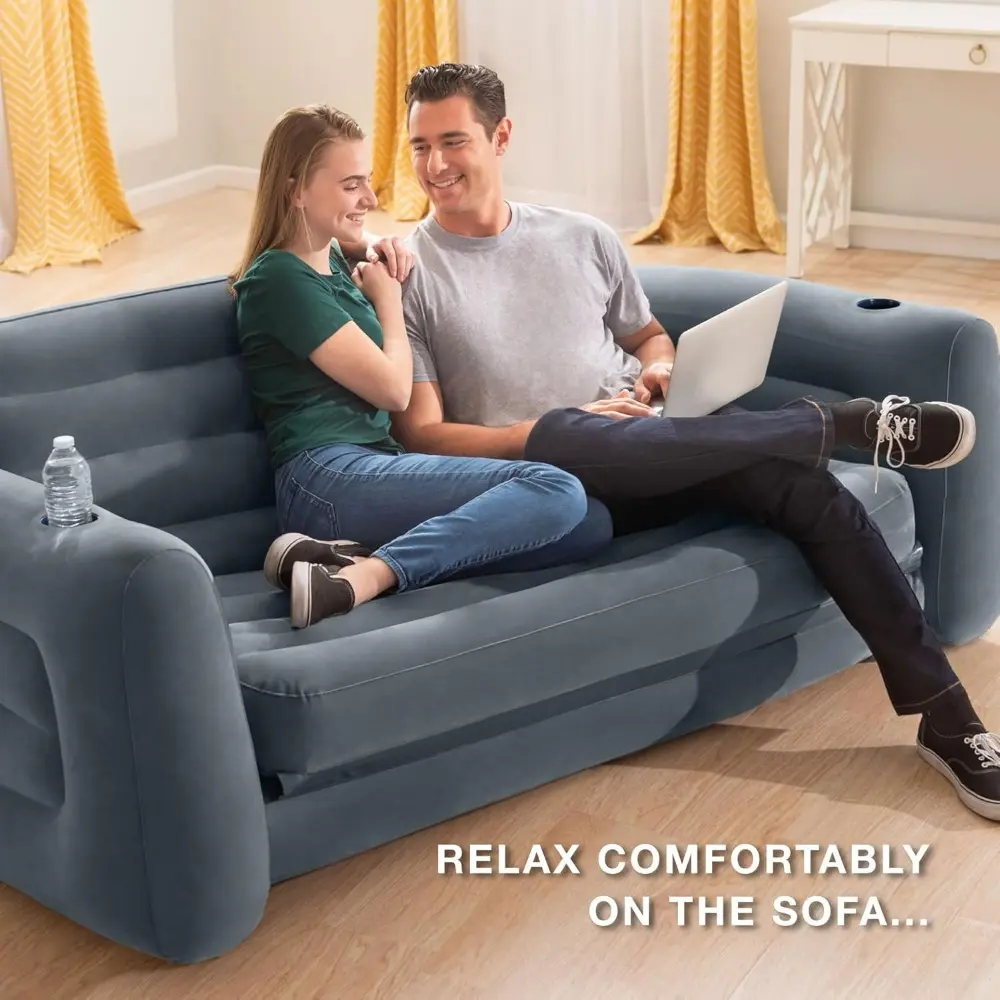 Inflatable Furniture Set with Queen Sized Pull-Out Sofa Bed and 2 Sofa Sleepers, Gray - Air Mattress, Portable Couch, Lounge Ch