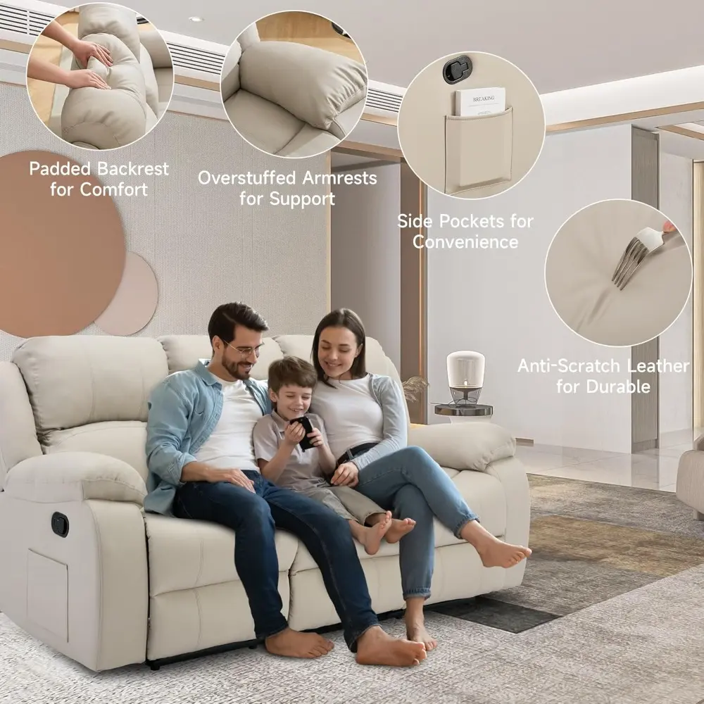 Reclining Loveseat Sofa Leather Recliner Sofa 3 Seater Couch for Living Room, Home Theater Seating(3 Seat,Beige)