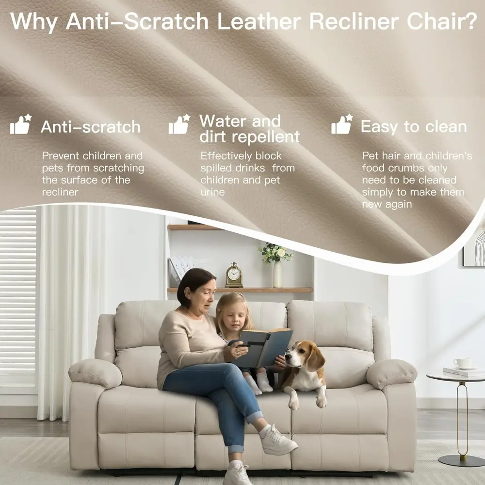 Reclining Loveseat Sofa Leather Recliner Sofa 3 Seater Couch for Living Room, Home Theater Seating(3 Seat,Beige)