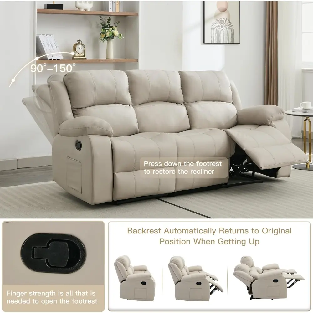 Reclining Loveseat Sofa Leather Recliner Sofa 3 Seater Couch for Living Room, Home Theater Seating(3 Seat,Beige)