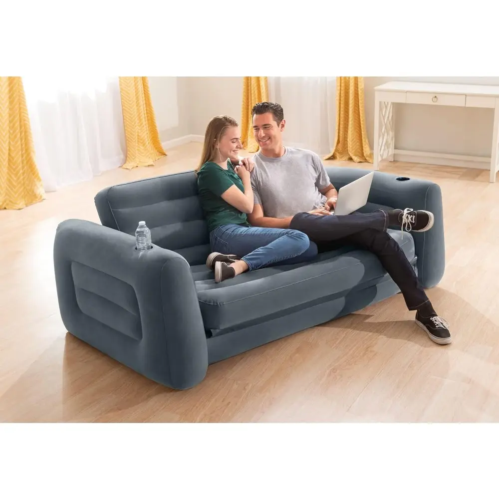 Inflatable Furniture Set with Queen Sized Pull-Out Sofa Bed and 2 Sofa Sleepers, Gray - Air Mattress, Portable Couch, Lounge Ch