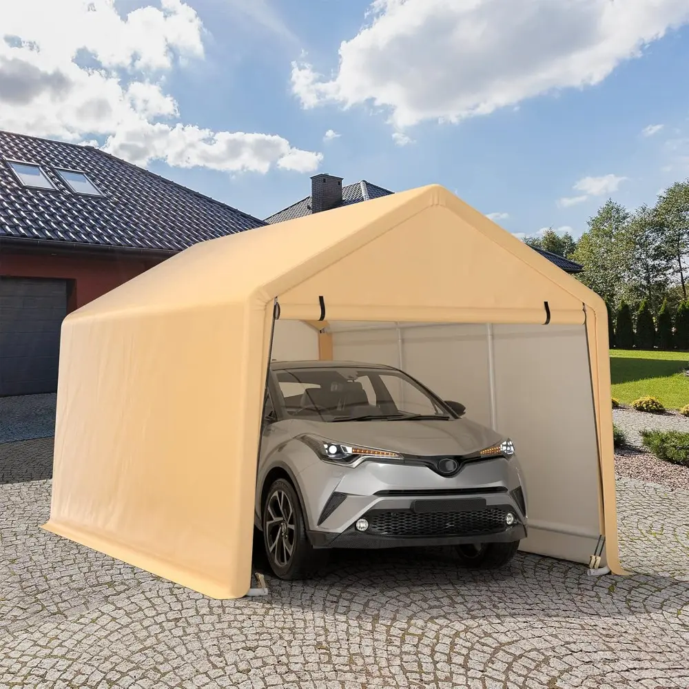 10.5x17 Ft Heavy Duty Carport, Portable Garage with Roll-up Front Door, Metal Car Port with Reinforced Ratchet Straps, Outdoor