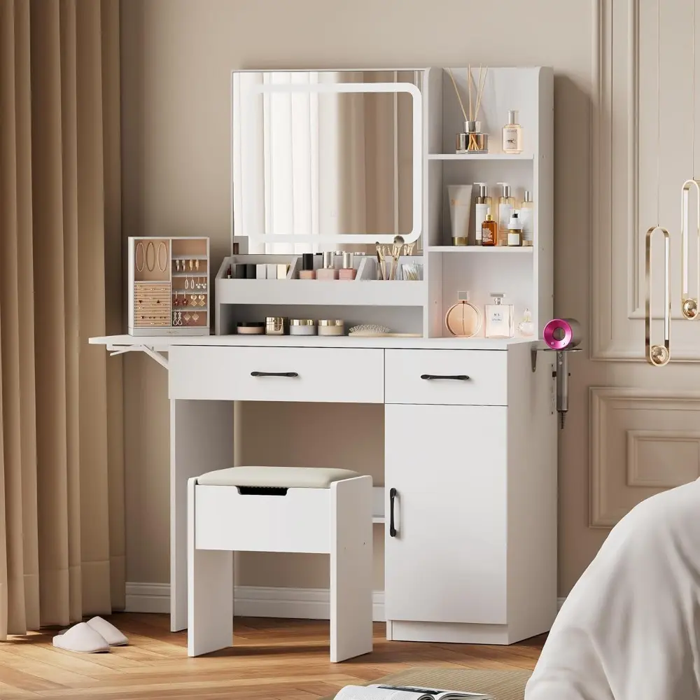 Vanity Desk with Mirror and Lights, Power Outlet Makeup Vanity Table with 3 Drawers and 7 Shelves Dressing Table with Storage S