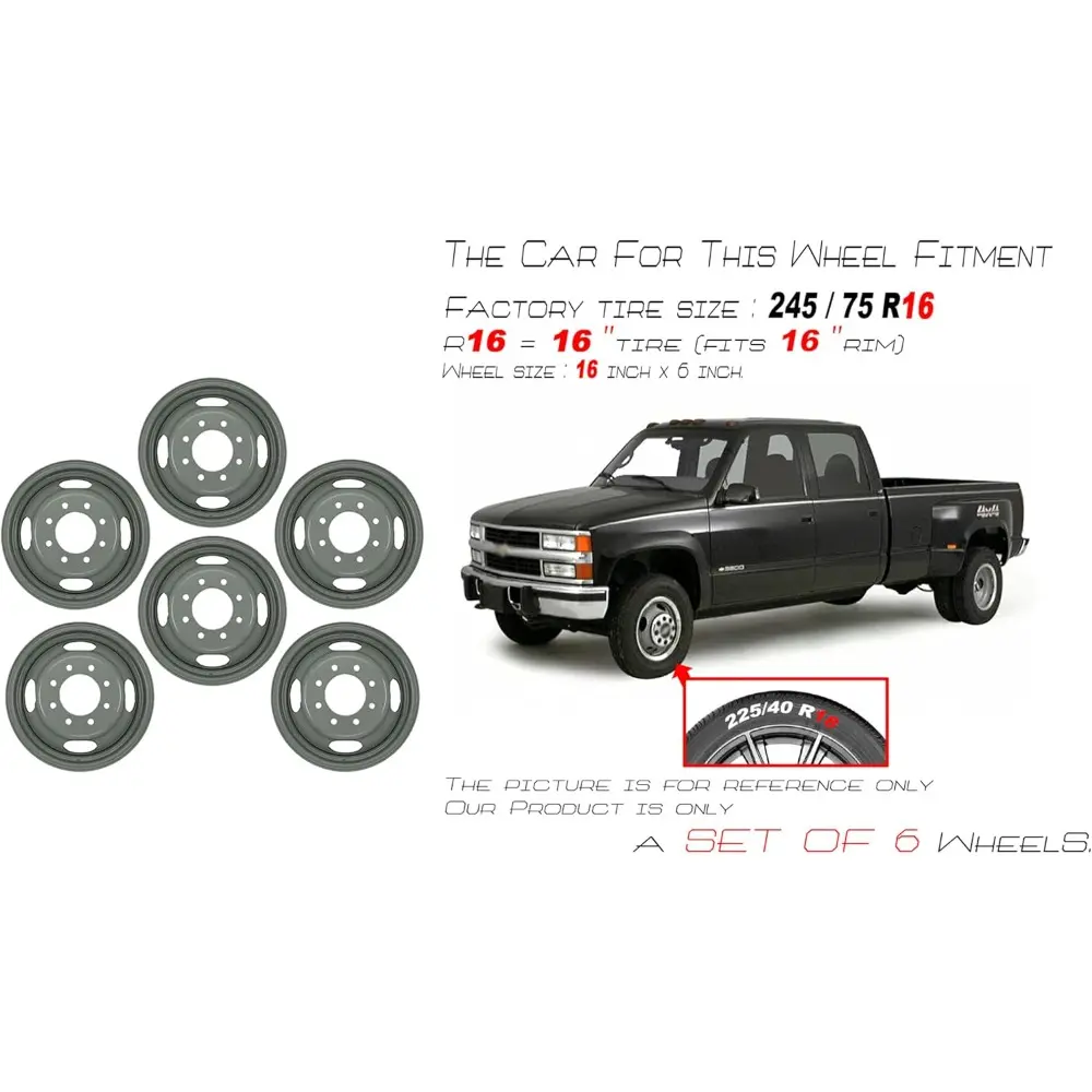 Set of 6 New 16x6 16" Dually Wheel for 1988–2002 Chevy Express GMC Savana 3500 | OEM Design Steel Rim | Grey Silver | Front or R
