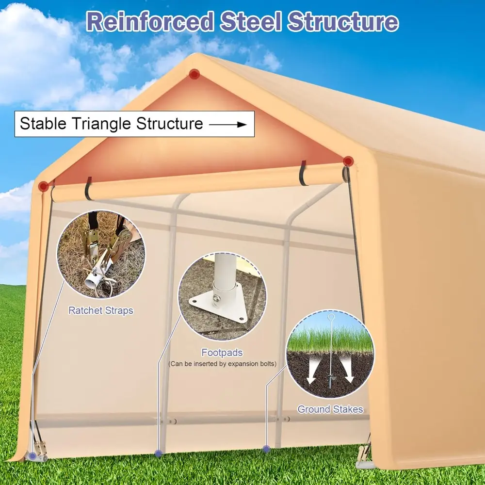 10.5x17 Ft Heavy Duty Carport, Portable Garage with Roll-up Front Door, Metal Car Port with Reinforced Ratchet Straps, Outdoor
