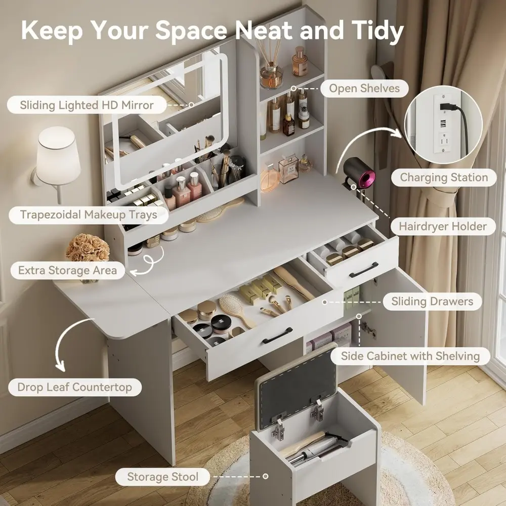 Vanity Desk with Mirror and Lights, Power Outlet Makeup Vanity Table with 3 Drawers and 7 Shelves Dressing Table with Storage S