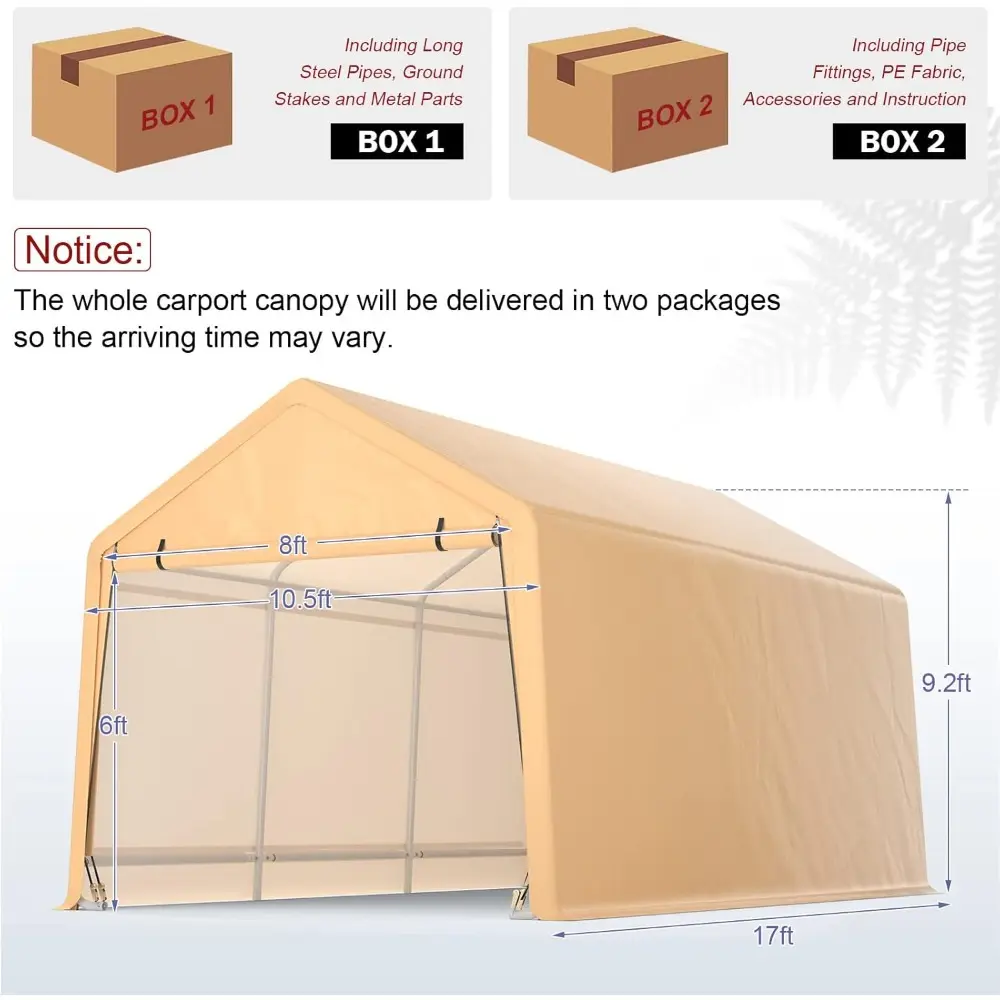 10.5x17 Ft Heavy Duty Carport, Portable Garage with Roll-up Front Door, Metal Car Port with Reinforced Ratchet Straps, Outdoor