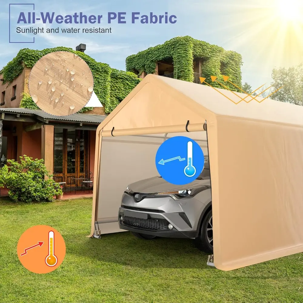 10.5x17 Ft Heavy Duty Carport, Portable Garage with Roll-up Front Door, Metal Car Port with Reinforced Ratchet Straps, Outdoor