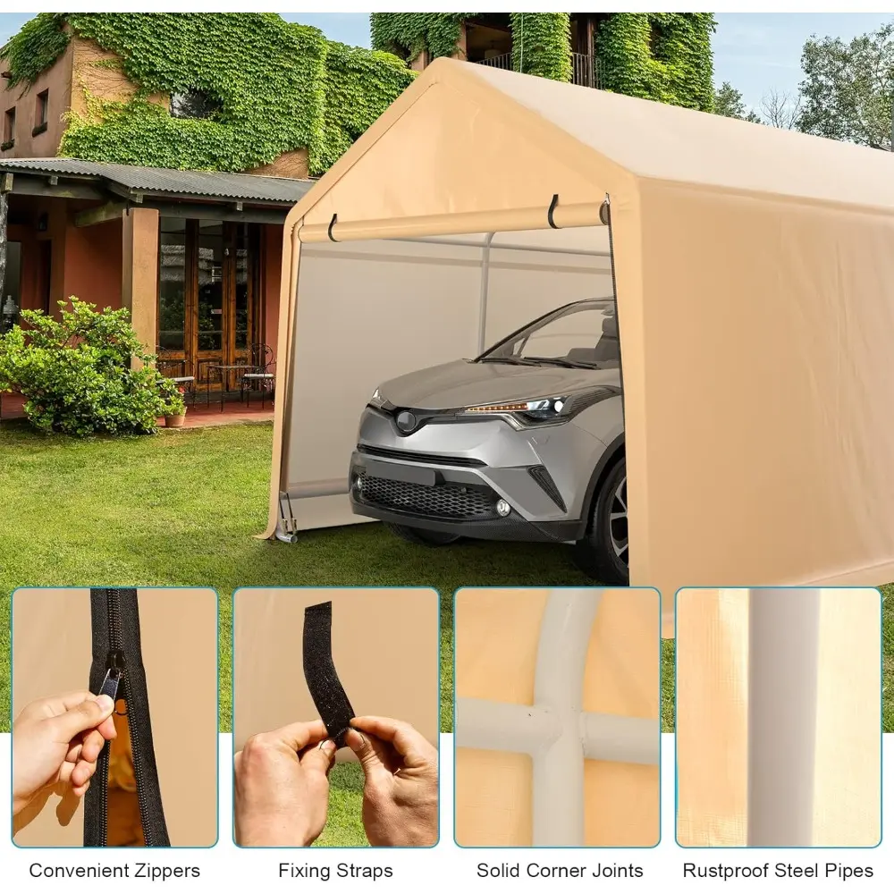 10.5x17 Ft Heavy Duty Carport, Portable Garage with Roll-up Front Door, Metal Car Port with Reinforced Ratchet Straps, Outdoor