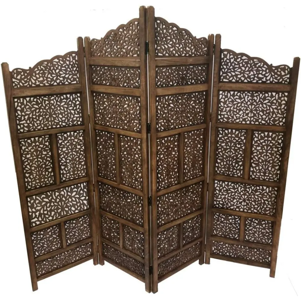 Benjara Hand Carved Foldable 4-Panel Wooden Partition Screen/Room Divider, Brown