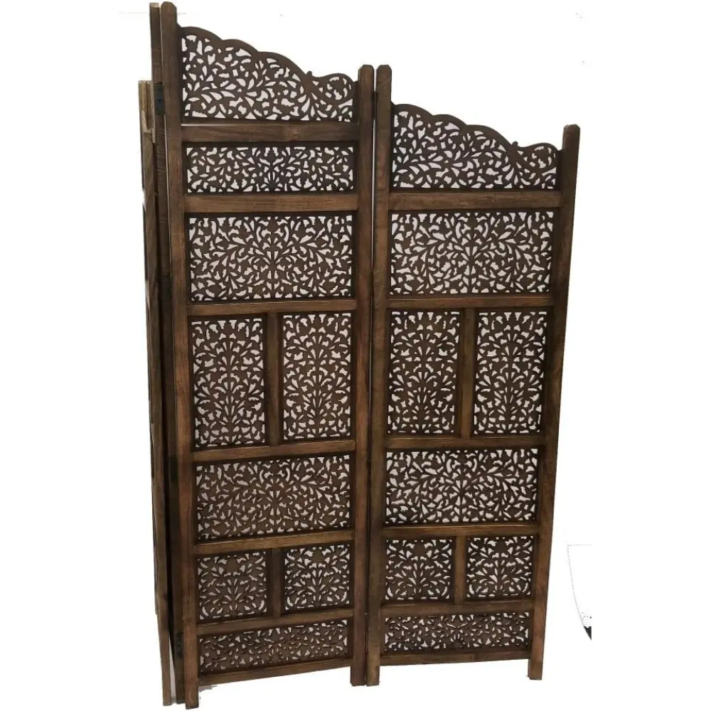 Benjara Hand Carved Foldable 4-Panel Wooden Partition Screen/Room Divider, Brown