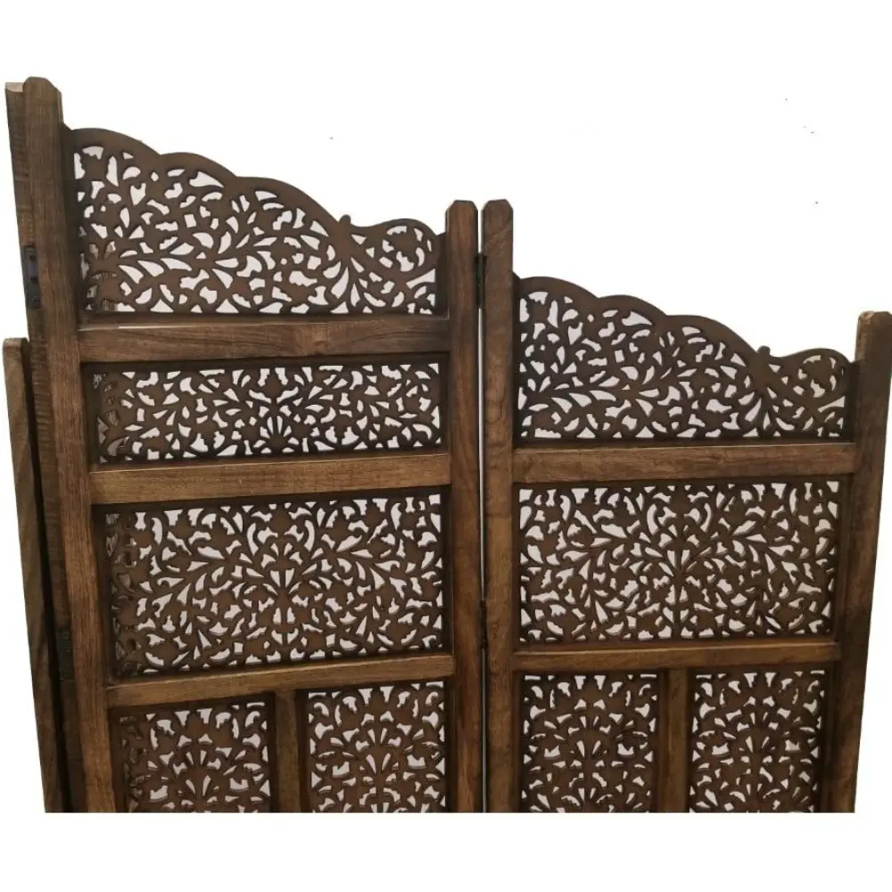Benjara Hand Carved Foldable 4-Panel Wooden Partition Screen/Room Divider, Brown