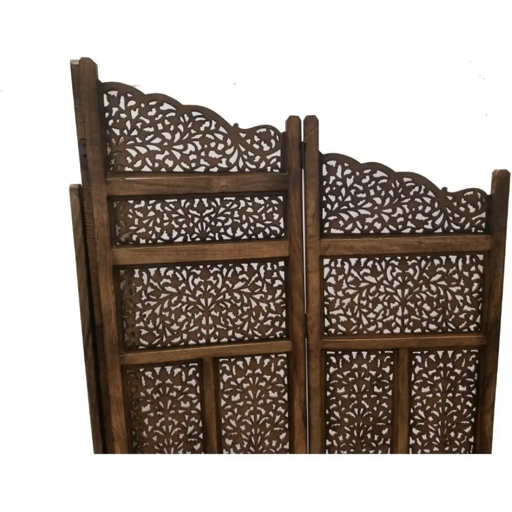 Benjara Hand Carved Foldable 4-Panel Wooden Partition Screen/Room Divider, Brown