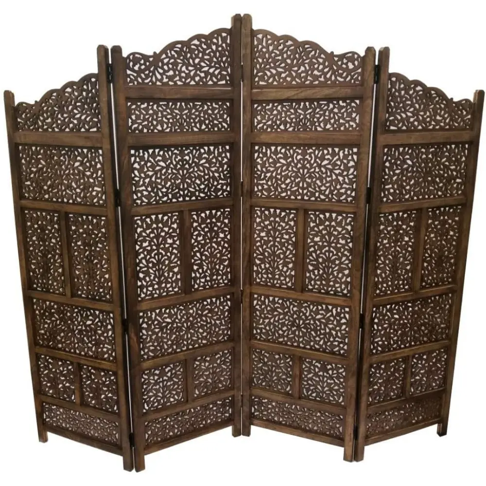 Benjara Hand Carved Foldable 4-Panel Wooden Partition Screen/Room Divider, Brown