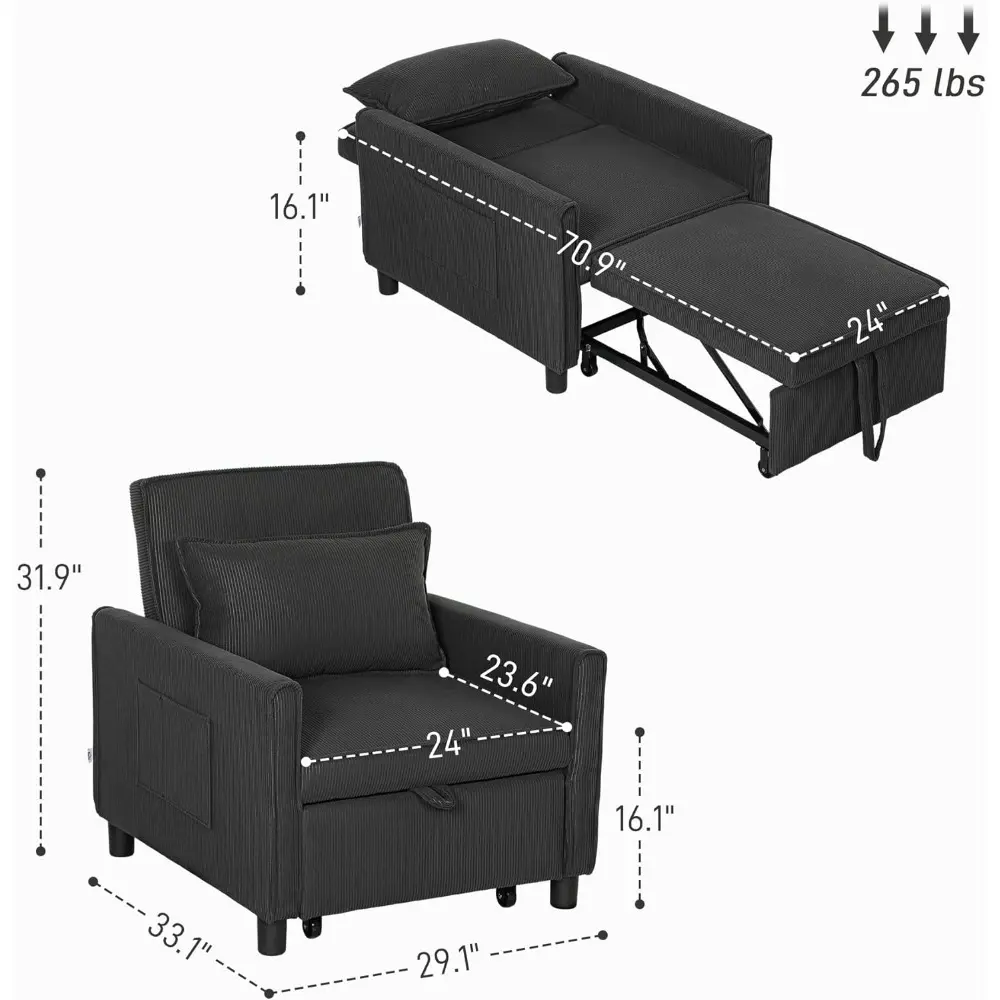 3-in-1 Convertible Chair Bed, Multi-Functional Single Sofa Bed, Pull Out Sleeper Chair with Adjustable Backrest, Pillow, and Po