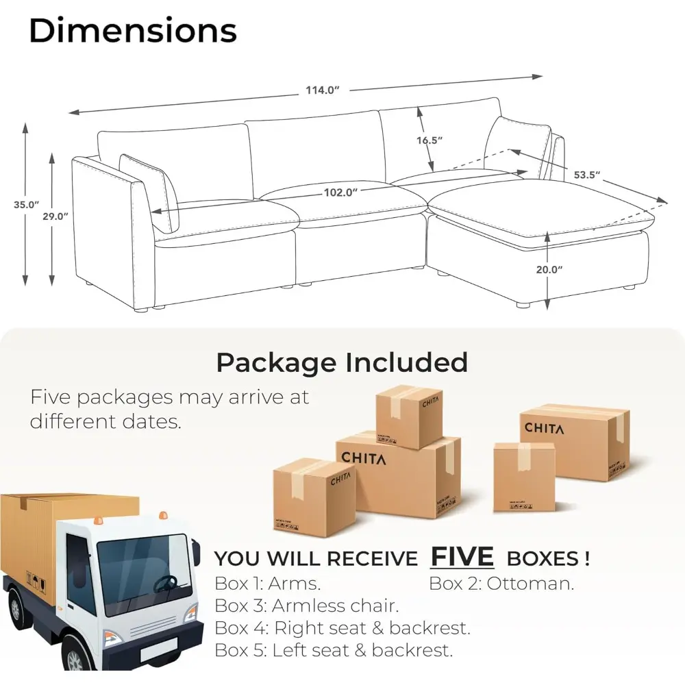 Sectional Modular Down Filled L Shape Sofa, Comfty L Shape Cloud Couch,FSC Certified L Shaped Couch for Living Room, 114 inch W