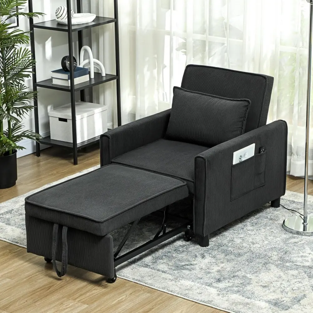 3-in-1 Convertible Chair Bed, Multi-Functional Single Sofa Bed, Pull Out Sleeper Chair with Adjustable Backrest, Pillow, and Po