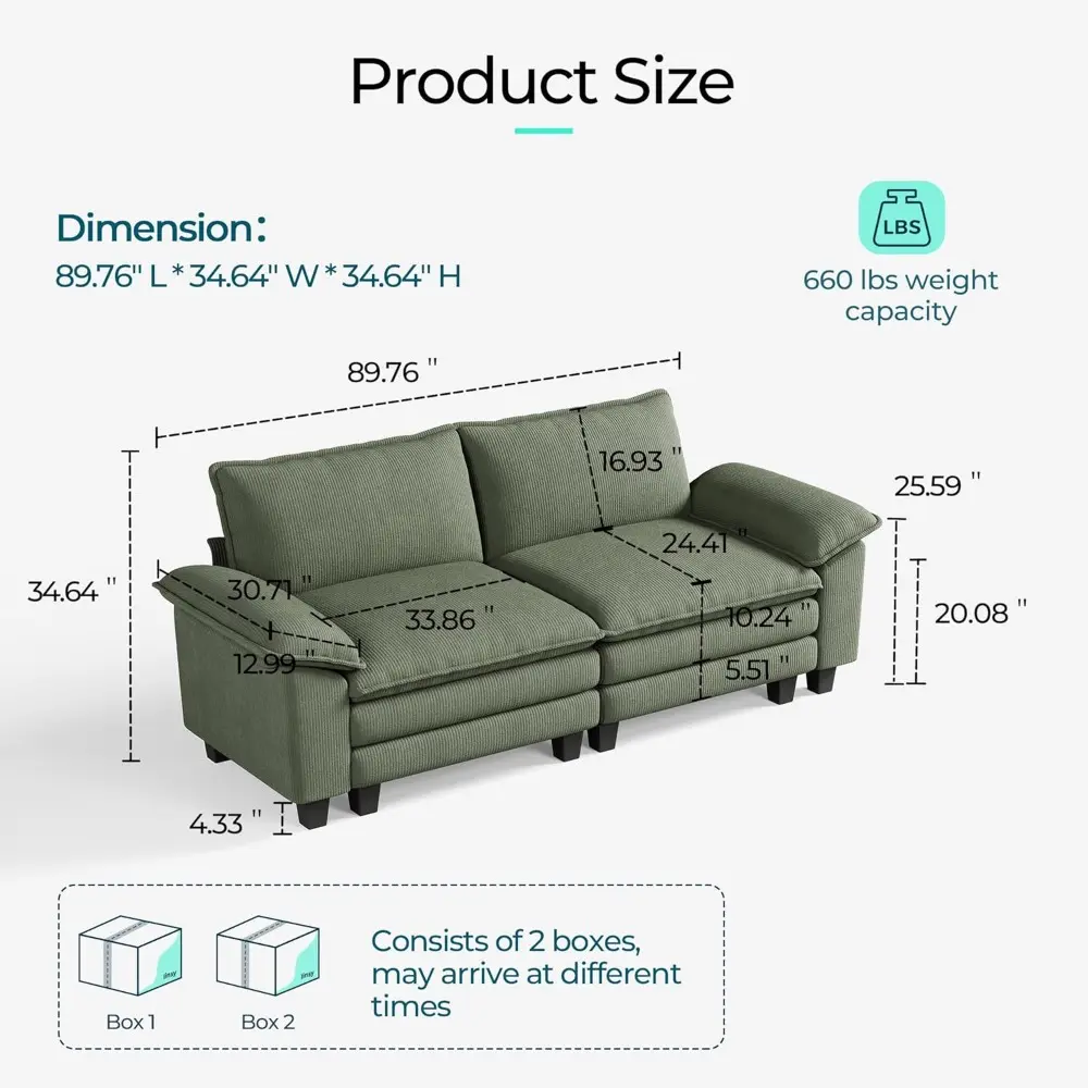 Sectional Loveseat Sofa - 90'' Oversized Corduroy Cloud Couch Soft Modern Comfy Green Loveseat Couch Deep Seat Couches for Livi