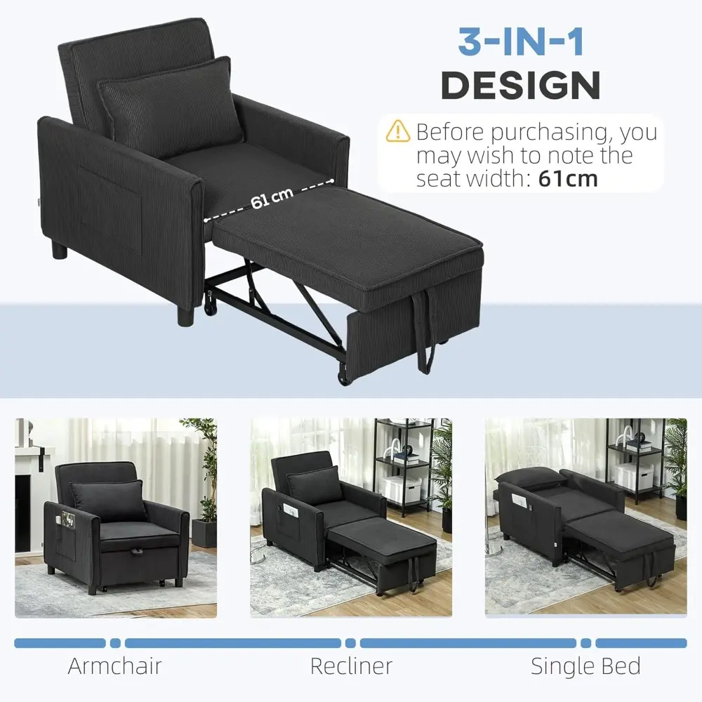 3-in-1 Convertible Chair Bed, Multi-Functional Single Sofa Bed, Pull Out Sleeper Chair with Adjustable Backrest, Pillow, and Po