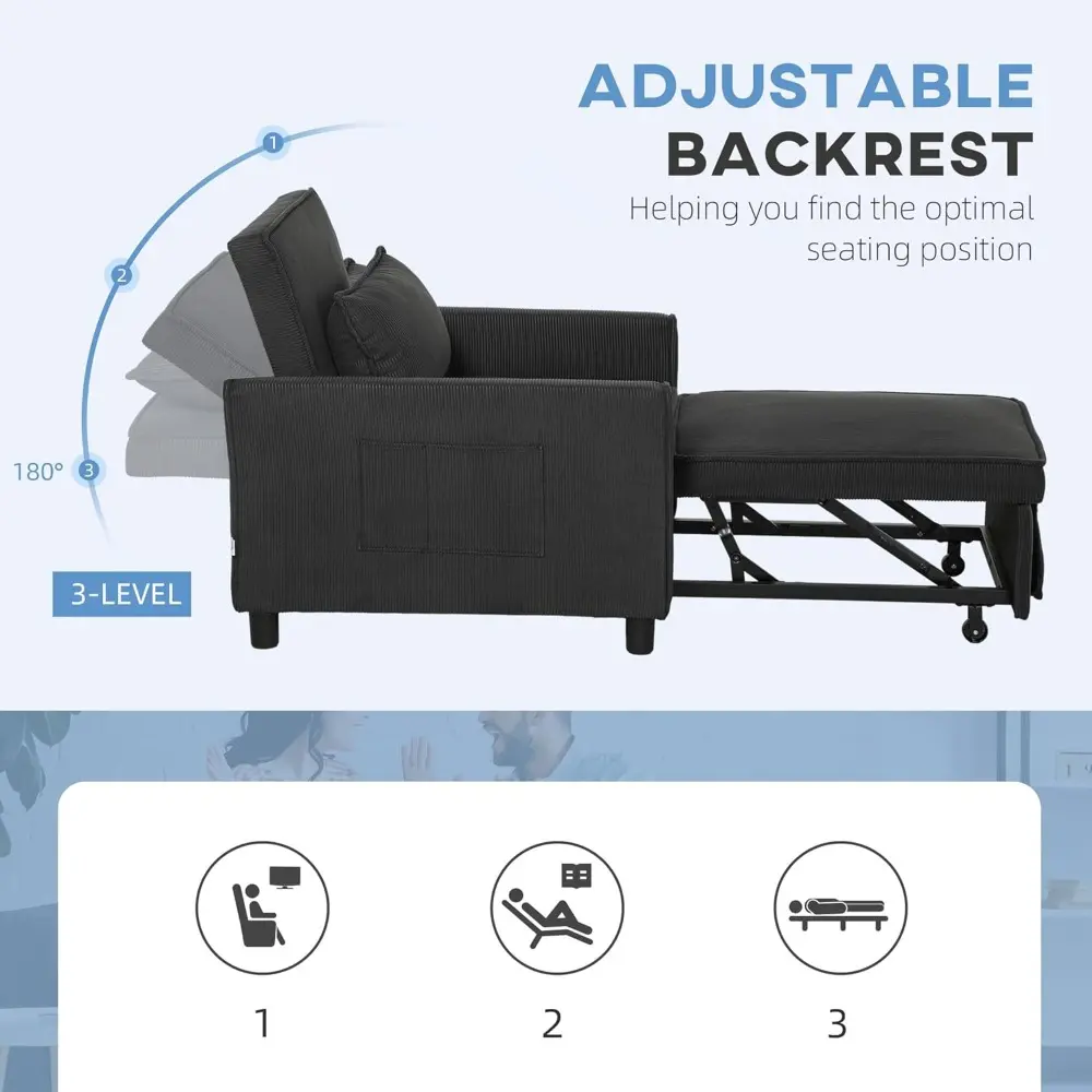 3-in-1 Convertible Chair Bed, Multi-Functional Single Sofa Bed, Pull Out Sleeper Chair with Adjustable Backrest, Pillow, and Po